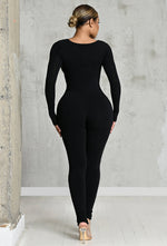 Charger l'image dans la galerie, Matte Basix Sculpt Plunge Neck Jumpsuit - Black