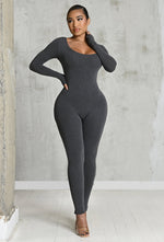 Charger l'image dans la galerie, Matte Basix Sculpt Plunge Neck Jumpsuit - Charcoal