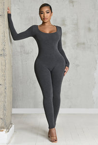 Matte Basix Sculpt Plunge Neck Jumpsuit - Charcoal