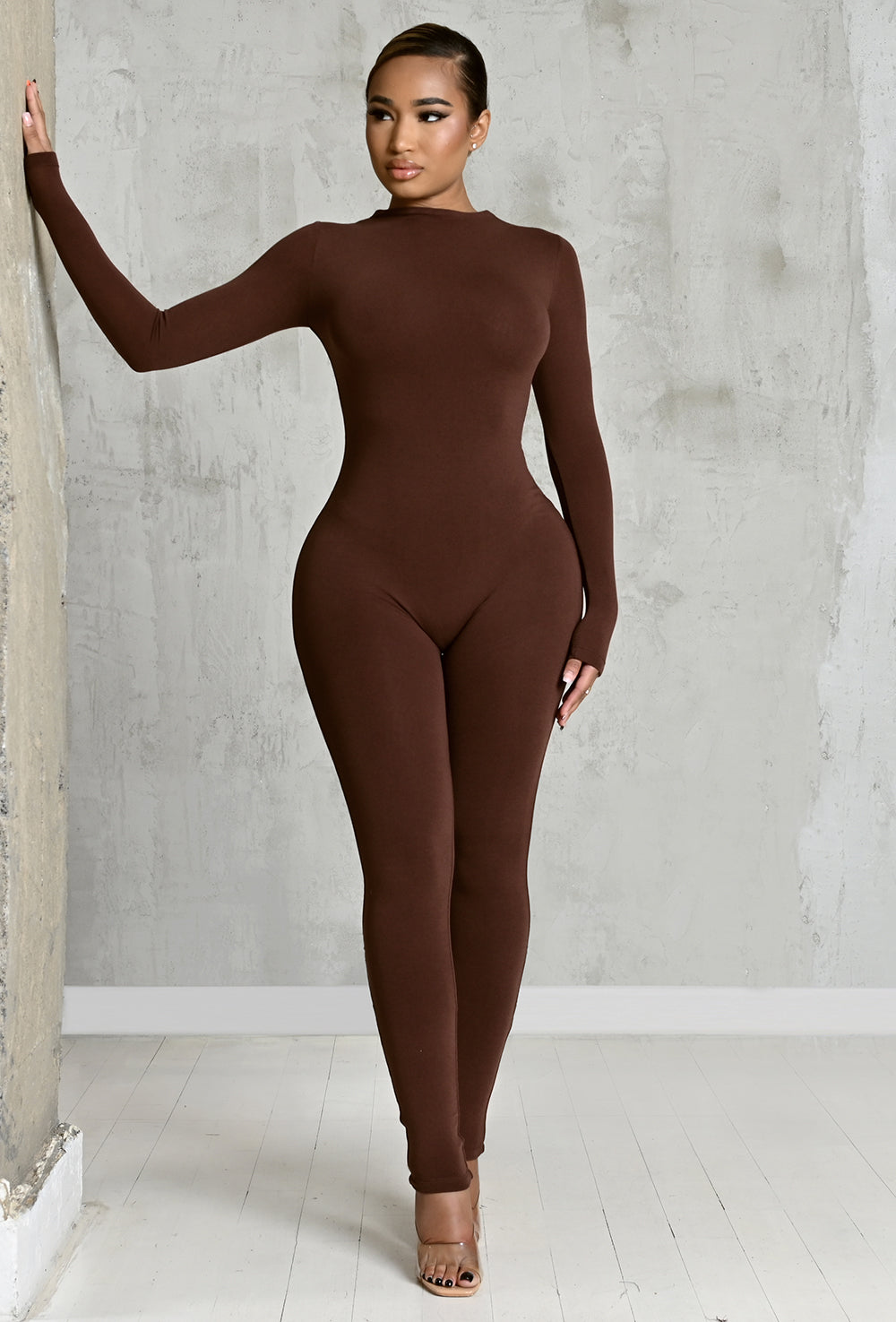 Matte Basix Sculpt Long Sleeve Jumpsuit - Chocolate
