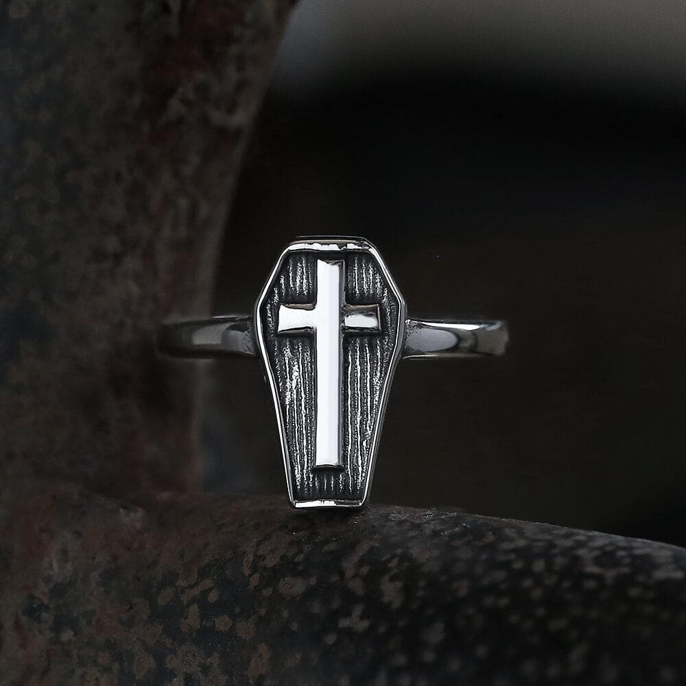 Cross And Coffin Stainless Steel Ring 02 | Gthic.com