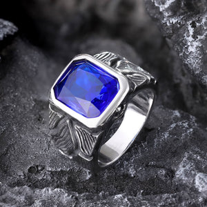 Stone Carved Pattern Stainless Steel Gem Ring03 blue | Gthic.com