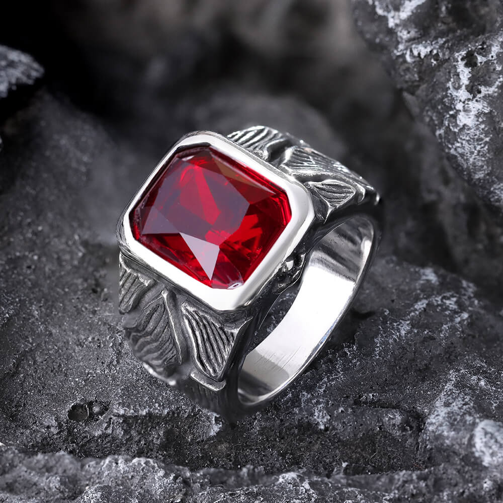 Stone Carved Pattern Stainless Steel Gem Ring01 red | Gthic.com